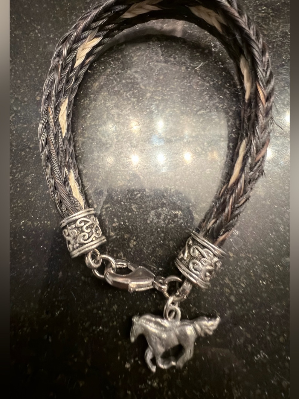 Braided Black and Cream Horse Mane Bracelet with horse charm